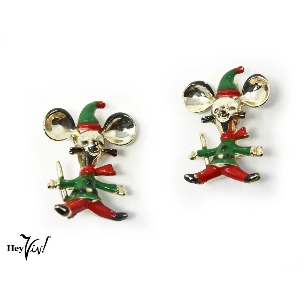Two Vintage BJ Signed Santa Mouse Pins Christmas Holiday Cute Gift 1.5" -Hey Viv